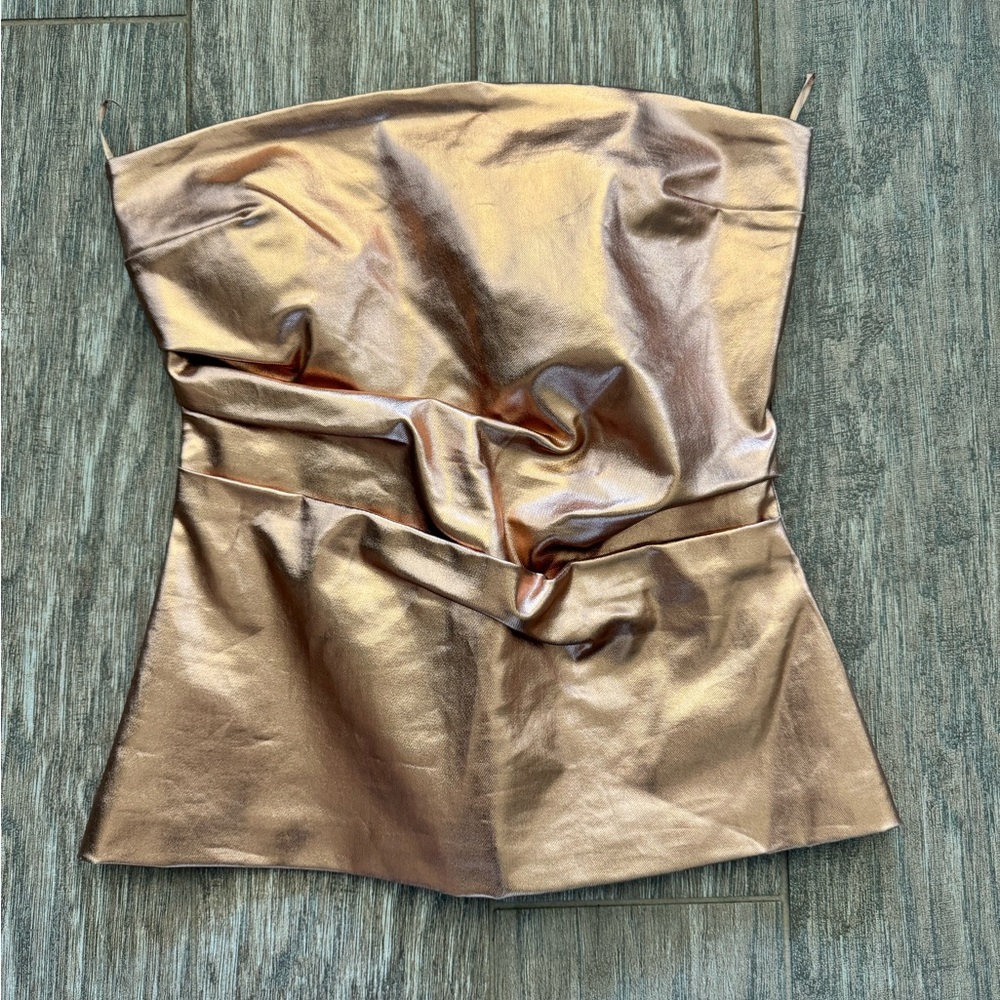 Zara XS Gold Bronze Foil Tube Top Metallic Strapless (Small Tear)